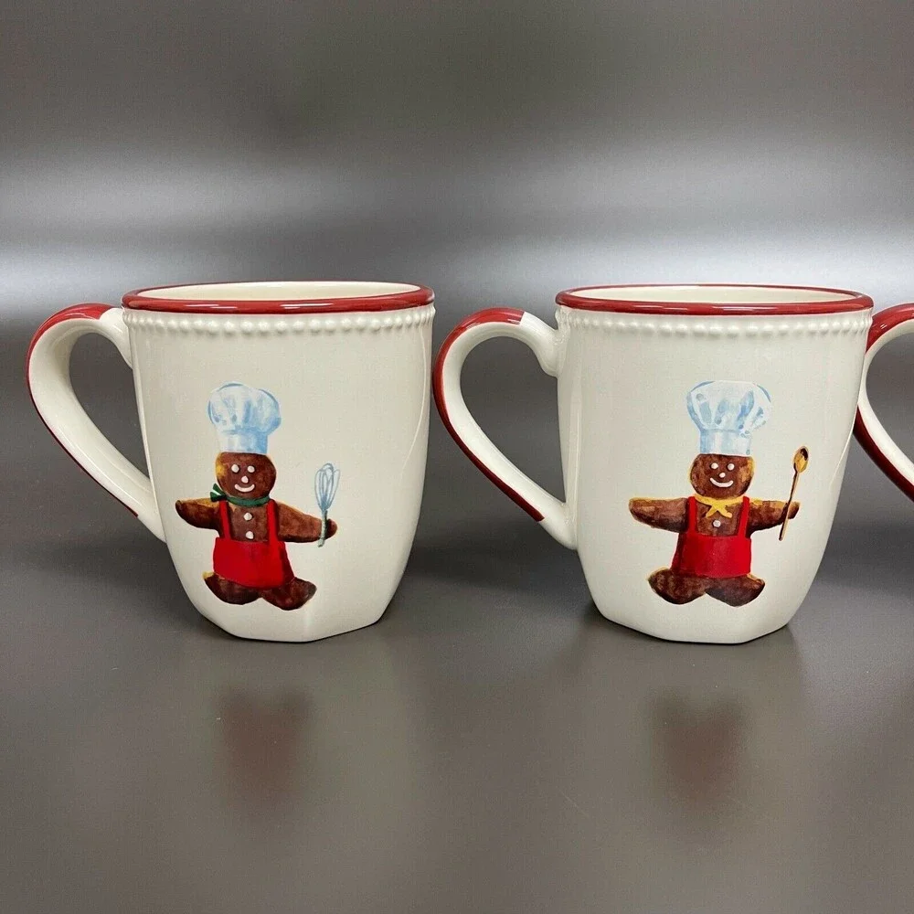 Williams Sonoma Gingerbread Chef Mugs Cups Earthenware Dishwasher Safe Lot of 4